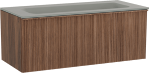 Balmani Forma zwevend badkamermeubel 120 x 55 cm amerikaanse notelaar met Tablo Strada enkele wastafel voor 2 kraangaten in composietmarmer zijdegrijs, Verticale asymmetrische ronde ribbel