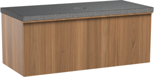 Balmani Forma hängendes Möbelstück Set: 120 x 55 cm, Teak, mit Rock Einzel Waschtischplatte, Granit, Schwarzes Granit, Vertikale symmetrische gerade Rippe