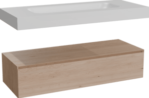 Balmani Mitra Elements hängendes Möbelstück Set: 135 x 55 cm, Naturbelassene Eiche mit Arcato Einzelwaschtisch für 2 Armaturenlöcher, Solid Surface Weiß matt