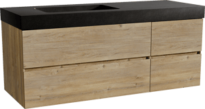 Storke Edge zwevend badkamermeubel 140 x 52 cm ruwe eik met Scuro High asymmetrisch linkse wastafel in kwarts mat zwart