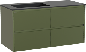 Storke Seda zwevend badkamermeubel 120 x 52 cm olijfgroen met Scuro asymmetrisch linkse wastafel in kwarts mat zwart