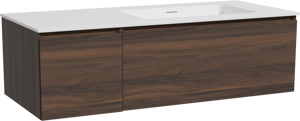 Storke Edge zwevend badkamermeubel 120 x 52 cm notelaar met Mata asymmetrisch rechtse wastafel in solid surface mat wit