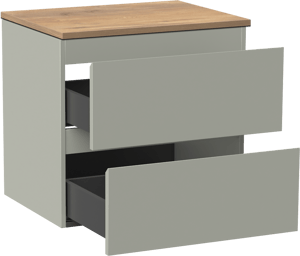 Linie Lado zwevend badmeubel 60 x 46 cm greige met Lado enkel wastafelblad in melamine naturel eiken