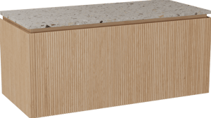 Balmani Eclips meuble salle de bains suspendu 120 x 55 cm Chêne naturelle avec Stretto tablette simple ou double vasque en Terrazzo greige, Nervure droite symétrique verticale