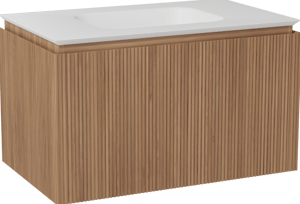 Balmani Eclips hängendes Möbelstück Set: 90 x 55 cm, Teak, mit Eclips Einzelwaschtisch Solid Surface Weiβ matt, Vertikale symmetrische gerade Rippe