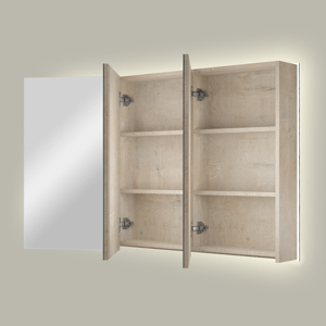 Linie Montro Spiegelschrank, 100 x 75 cm, graue Eiche, mit Spiegelbeleuchtung