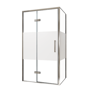 Balmani Senses Design douche en coin avec porte pivotante à gauche et paroi latérale fixe, 100 x 100 cm, Verre transparent avec bande matte, Profil chrome, coating inclus