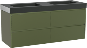 Storke Seda zwevend badkamermeubel 150 x 52 cm olijfgroen met Scuro High dubbele wastafel in kwarts mat zwart