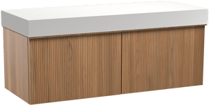 Balmani Forma zwevend badkamermeubel 135 x 55 cm teak met Dominus enkel of dubbel tablet in solid surface mat wit, Verticale symmetrische rechte ribbel