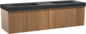 Balmani Forma zwevend badkamermeubel 180 x 55 cm teak met Napoli dubbele wastafel in graniet zwart, Verticale symmetrische rechte ribbel