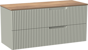 Linie Ribbo meuble salle de bains suspendu 120 x 46 cm greige avec Lado tablette simple ou double en mélaminé chêne naturel, Nervure circulaire symétrique verticale
