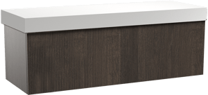 Balmani Forma zwevend badkamermeubel 150 x 55 cm gerookte eik met Dominus enkel of dubbel tablet in solid surface mat wit, Verticale symmetrische rechte ribbel