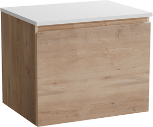 Linie Lado zwevend badmeubel 60 x 46 cm naturel eiken met Lado enkel wastafelblad in composietmarmer hoogglans wit