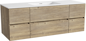 Storke Edge zwevend badkamermeubel 145 x 52 cm ruwe eik met Mata enkele wastafel in solid surface mat wit