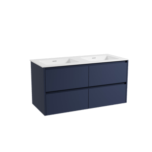Storke Seda zwevend badkamermeubel 120 x 52 cm nachtblauw met Mata dubbele wastafel in solid surface mat wit