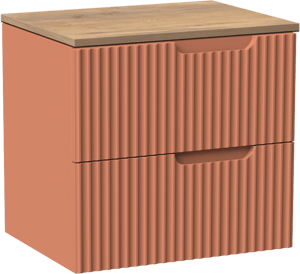 Linie Ribbo zwevend badkamermeubel 60 x 46 cm cotto met Lado enkel tablet in melamine natuur eik, Verticale symmetrische ronde ribbel