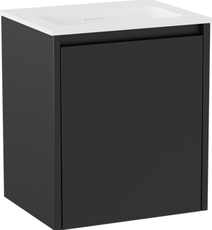 Storke Seda zwevend badkamermeubel 45 x 35 cm mat zwart met Mata enkele wastafel in Solid Surface mat wit