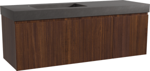 Storke Ribs zwevend badkamermeubel 150 x 52 cm notelaar met Scuro High asymmetrisch linkse wastafel in kwarts mat zwart, Verticale symmetrische rechte ribbel