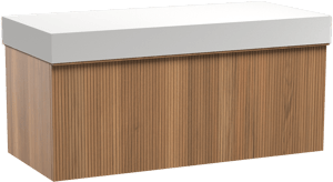 Balmani Forma hängendes Möbelstück Set: 120 x 55 cm, Teak, mit Dominus Einzel- oder Doppel Waschtischplatte, Solid Surface, Weiß matt, Vertikale symmetrische gerade Rippe