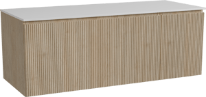 Storke Ribs zwevend badkamermeubel 130 x 52 cm ruwe eik met Tavola enkel of dubbel tablet in solid surface mat wit, Verticale symmetrische rechte ribbel