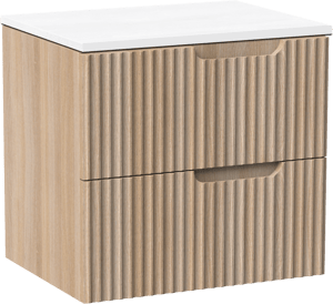 Linie Ribbo zwevend badkamermeubel 60 x 46 cm lichte eik met Lado enkel tablet in composietmarmer mat wit, Verticale symmetrische ronde ribbel