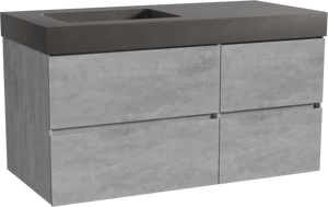 Storke Edge zwevend badkamermeubel 110 x 52 cm beton donkergrijs met Scuro High asymmetrisch linkse wastafel in kwarts mat zwart