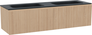 Balmani Fila by Mitra zwevend badkamermeubel 180 x 55 cm natuur eik met Tablo Strada dubbele wastafel in composietmarmer mat zwart, Verticale symmetrische rechte ribbel