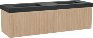 Balmani Fila by Mitra zwevend badmeubel 180 x 55 cm naturel eiken met Napoli dubbele wastafel in zwart graniet, Verticale symmetrische rechte ribbel