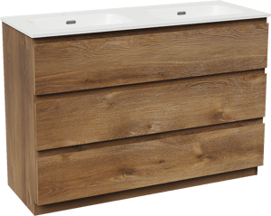 Linie Lado freistehendes Möbelstück Set: 120 x 46 cm, Braune Eiche, mit Baro Doppelwaschtisch, Porzellan Weiß glänzend