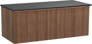 Balmani Forma zwevend badkamermeubel 120 x 55 cm amerikaanse notelaar met Stretto enkel tablet in graniet zwart, Verticale asymmetrische ronde ribbel