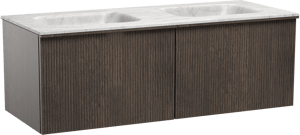 Balmani Forma zwevend badkamermeubel 135 x 55 cm gerookte eik met Tablo Arcato dubbele wastafel in marmer carrara, Verticale symmetrische rechte ribbel