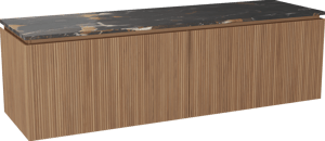 Balmani Eclips meuble salle de bains suspendu 180 x 55 cm Teck avec Stretto tablette simple ou double en Portoro Gold marbre, Nervure droite symétrique verticale