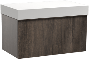 Balmani Forma zwevend badkamermeubel 90 x 55 cm gerookte eik met Dominus enkel tablet in solid surface mat wit, Verticale symmetrische rechte ribbel