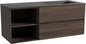 Storke Edge zwevend badkamermeubel 130 x 52 cm notelaar met Scuro asymmetrisch rechtse wastafel in kwarts mat zwart