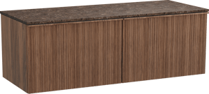 Balmani Forma zwevend badmeubel 135 x 55 cm amerikaans notenhout met Stretto enkel of dubbel wastafelblad in marmer dark emperador, Verticale asymmetrische ronde ribbel