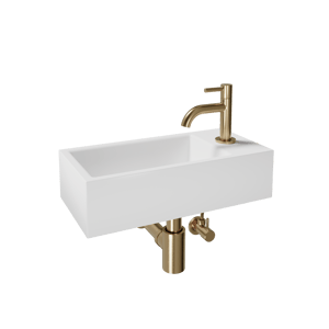 Luca Varess Cubic midi Lave-mains blanc brillant Porcelaine droite 40,5 x 20 cm avec robinet brushed champaign gold et fournitures