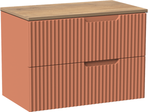 Linie Ribbo zwevend badkamermeubel 80 x 46 cm cotto met Lado enkel tablet in melamine natuur eik, Verticale symmetrische ronde ribbel