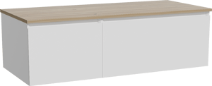 Storke Edge zwevend badmeubel 120 x 52 cm mat wit met Panton enkel of dubbel wastafelblad in melamine ruw eiken