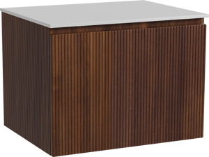 Storke Ribs meuble salle de bains suspendu 65 x 52 cm noyer avec Tavola tablette simple en solid surface blanc mat, Nervure droite symétrique verticale
