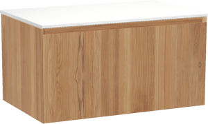 Balmani Idra by Mitra hängendes Möbelstück Set: 90 x 55 cm, Teak, mit Stretto Einzel Waschtischplatte, Solid Surface Weiß matt