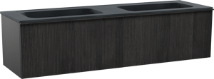 Balmani Forma meuble salle de bains suspendu 180 x 55 cm chêne noir avec Tablo Strada double vasque en marbre composite noir mat, Nervure droite symétrique verticale