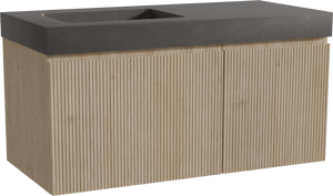 Storke Ribs zwevend badmeubel 110 x 52 cm ruw eiken met Scuro High asymmetrisch linkse wastafel in kwarts mat zwart, Verticale symmetrische rechte ribbel