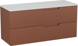 Linie Ribbo zwevend badkamermeubel 120 x 46 cm cotto met Lado enkel of dubbel tablet in melamine terrazzo wit, Verticale symmetrische ronde ribbel