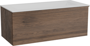 Balmani Forma zwevend badkamermeubel 120 x 55 cm amerikaanse notelaar met Tablo Stretto enkele wastafel voor 2 kraangaten in solid surface mat wit, Horizontale symmetrische rechte ribbel
