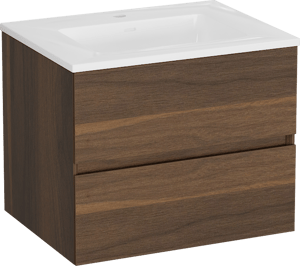 Storke Edge meuble salle de bains suspendu 60 x 46 cm noyer avec Bilia plan simple en marbre composite blanc brillant