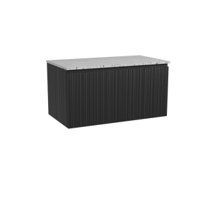 Storke Ribs meuble salle de bains suspendu 95 x 52 cm chêne noir avec Tavola tablette simple en blanc/noir mat terrazzo, Nervure droite asymétrique verticale