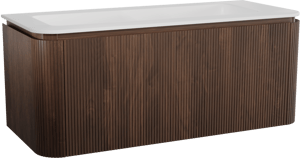 Balmani Moon zwevend badkamermeubel 130 x 55 cm amerikaanse notelaar met Moon enkel of dubbel tablet in solid surface mat wit, Verticale symmetrische rechte ribbel