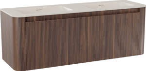 Storke Soft zwevend badkamermeubel 140 x 46 cm notelaar met Mata Soft dubbele wastafel in solid surface beige granita, Verticale symmetrische rechte ribbel