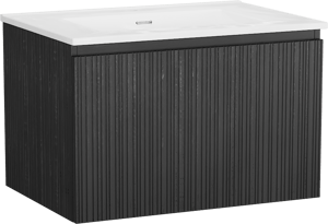 Storke Ribs zwevend badkamermeubel 75 x 52 cm zwarte eik met Kera enkele wastafel in porselein hoogglans wit, Verticale asymmetrische rechte ribbel, afvoerplug inbegrepen
