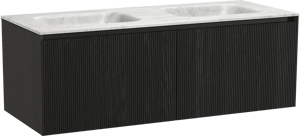 Balmani Fila by Mitra meuble salle de bains suspendu 135 x 55 cm chêne noir avec Tablo Arcato double vasque en marbre carrara, Nervure droite symétrique verticale